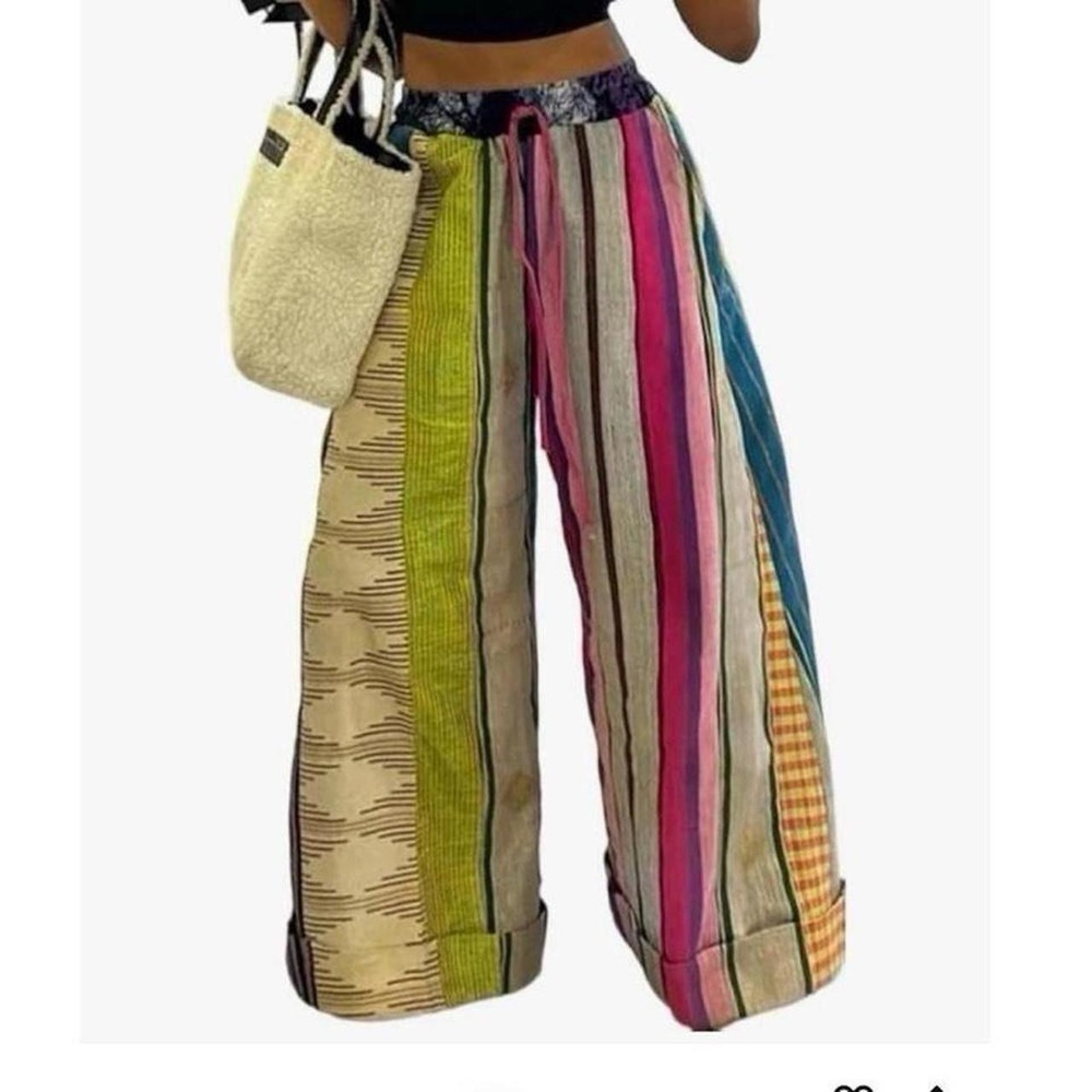UOOZEE Women's Boho Patchwork Wide Leg Pants Colorful High Waisted Palazzo Pants